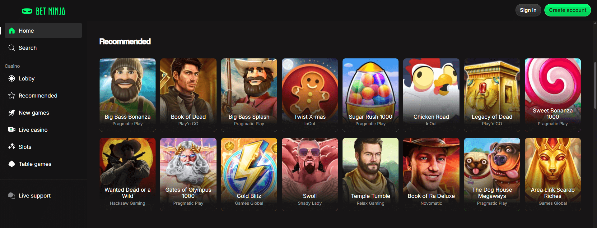 Betninja Casino homepage showing selection of recommended online pokies and site main navigation