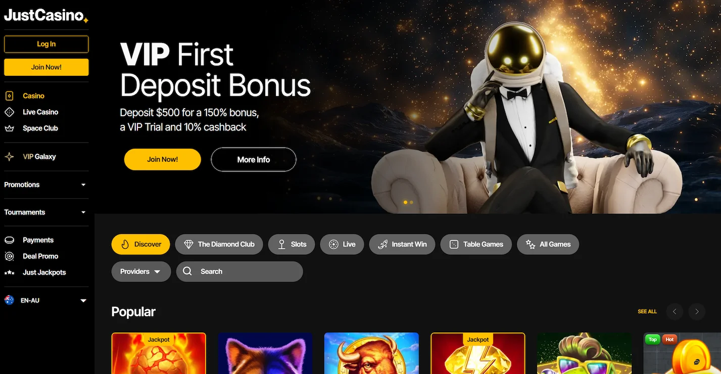 JustCasino homepage showing VIP deposit bonus offer, selection of popular online pokies and site main navigation