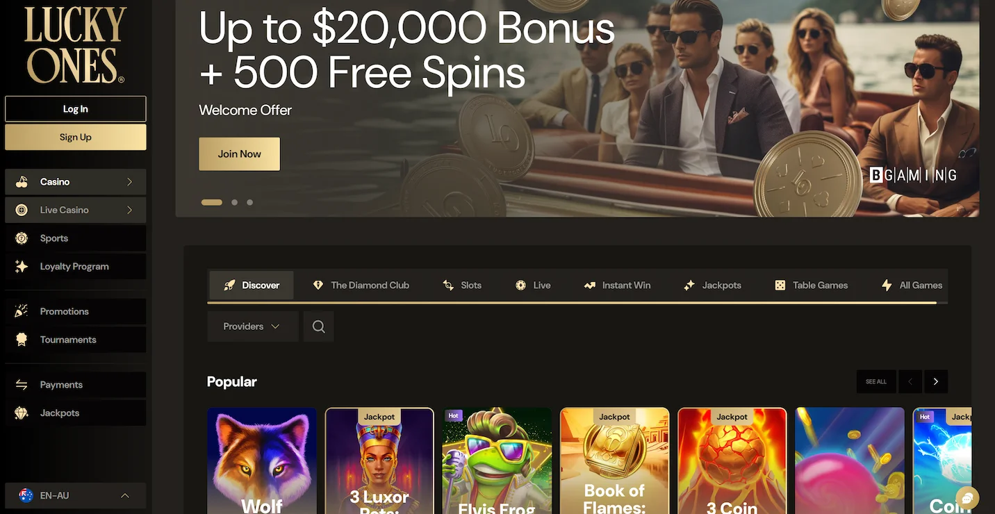 LuckyOnes casino homepage showing welcome offer, online pokies selection and site main navigation