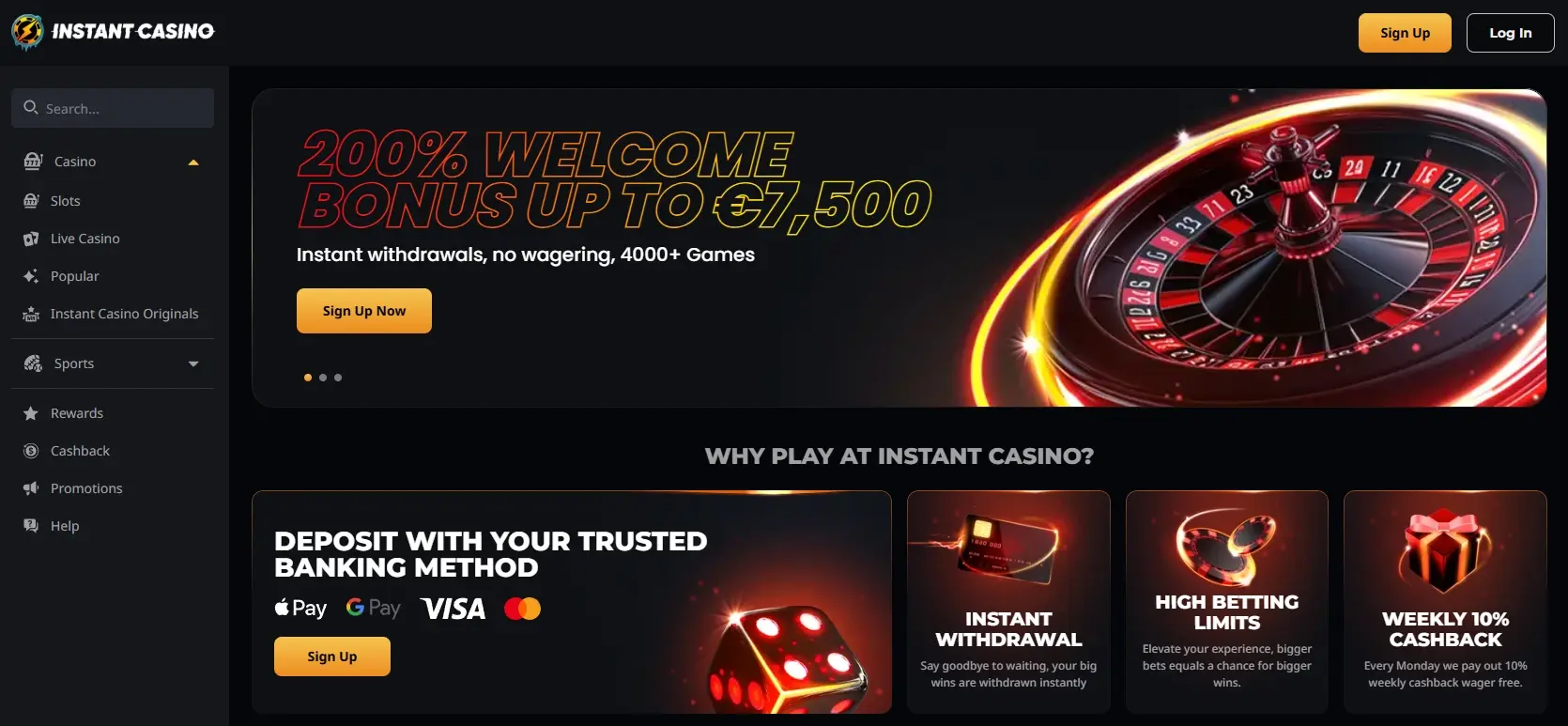 Instant casino homepage showing welcome offer and site main navigation
