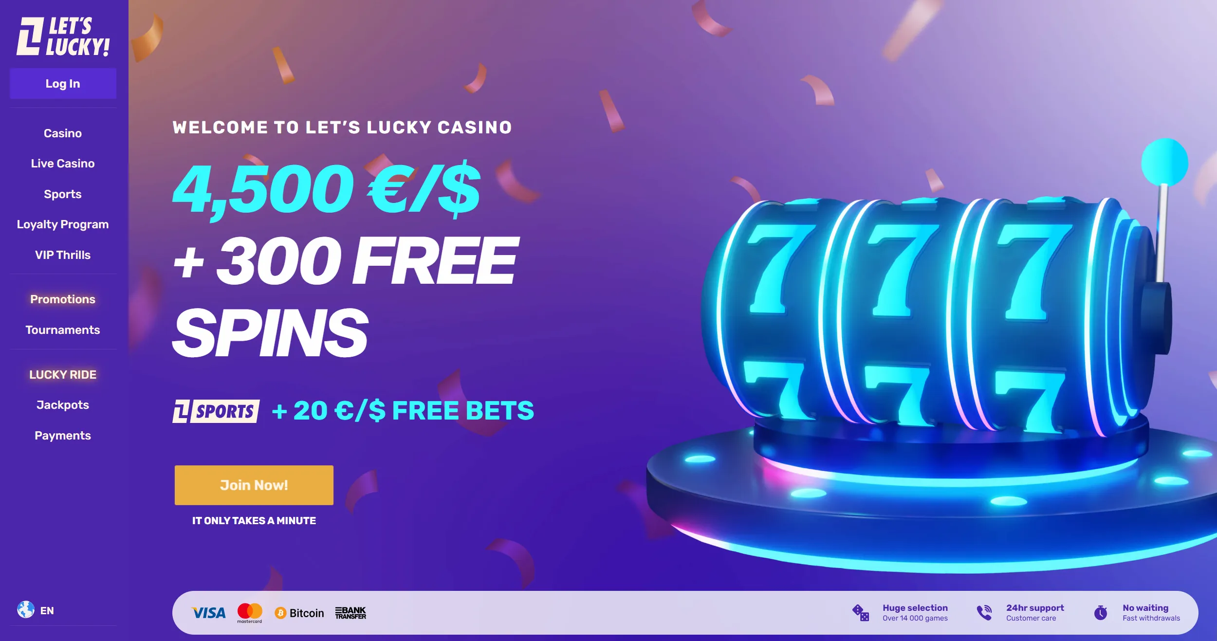 Lets Lucky casino homepage showing welcome offer and site main navigation