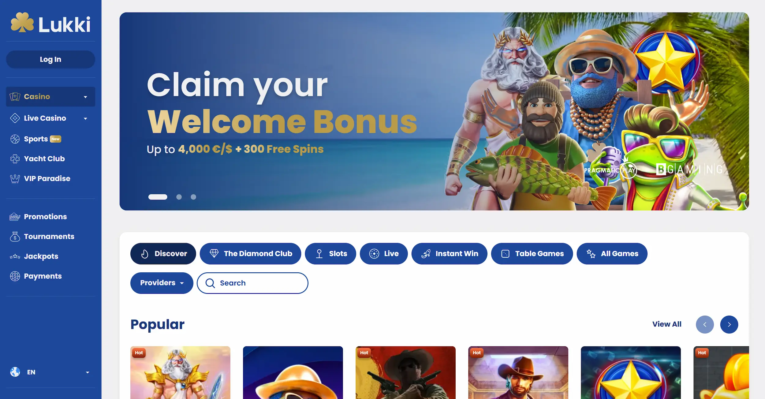 Lukki casino homepage showing welcome offer, selection of online pokies and site main navigation