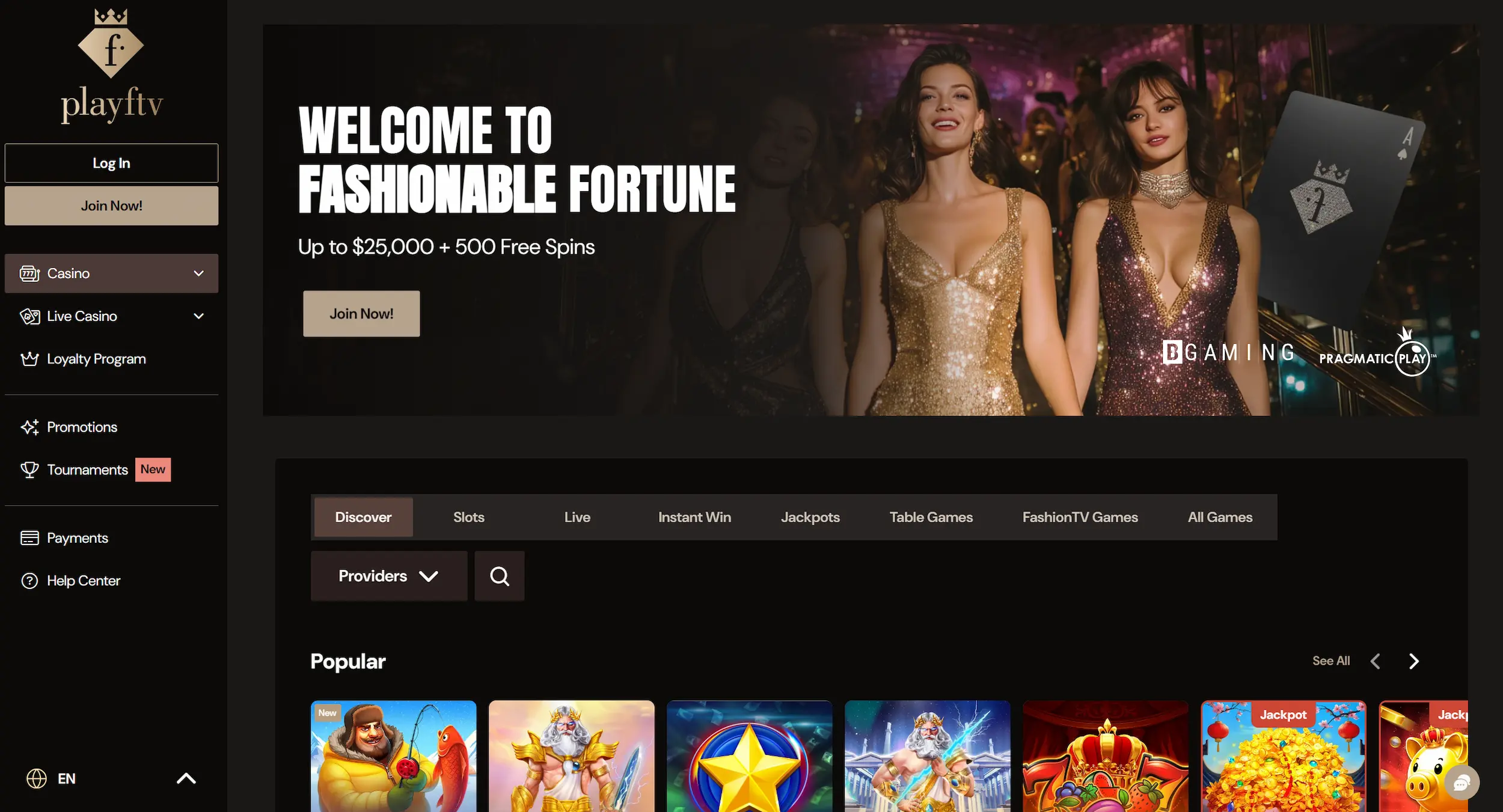 Play FTV casino homepage showing welcome offer, selection of popular online pokies and site main navigation